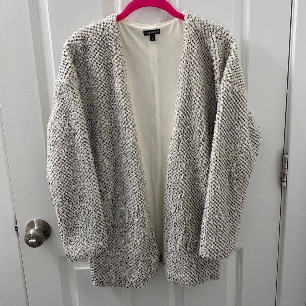 Express White Sweater Jacket w/ Silver/Black Sequins